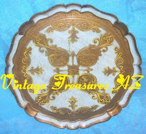 Image for  Florentine Blue, Yellow & Gilded Wooden Serving/Vanity Tray/Platter O.F.M Florence Italy Fleur de Lis Scrollwork & Scalloped Edges Vintage 1940s-1960s Shabby Chic     ***USPS STANDARD POST SHIPPING INCLUDED – DOMESTIC ORDERS ONLY!***